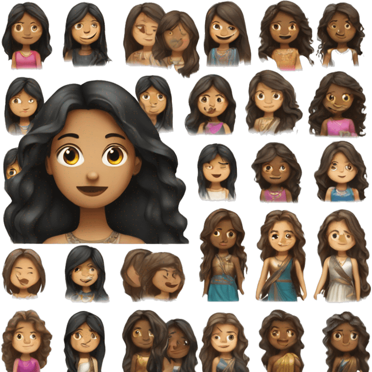 girl with straight brown long hair and indian girl with wavy black long hair emoji