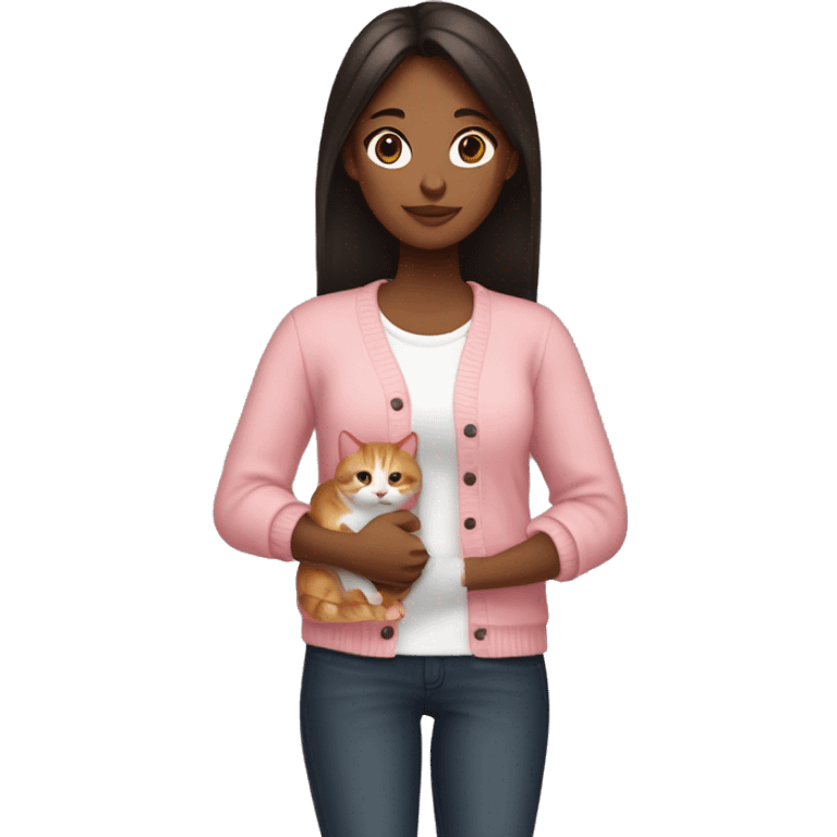 make a emoji of a girl with straight black/dark brown hair and brown eyes , like those ios emojis, and make her wear a pink cardigan with a white crop top , she has to be holding her ginger cat calm emoji