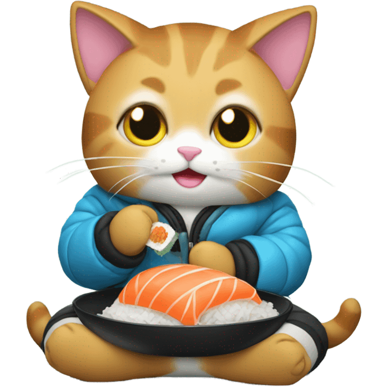 cat wearing a puffy jacket eating sushi emoji