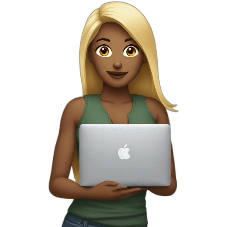 mulher loira com iphone e com macbook emoji