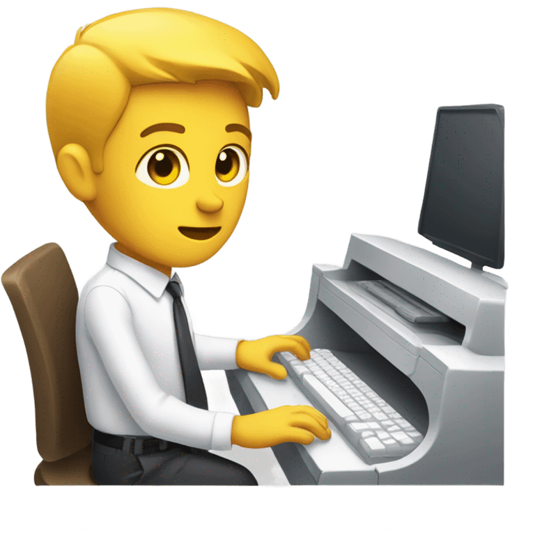 yellow skin man using white keyboard on desk wearing white button down shirt front view emoji