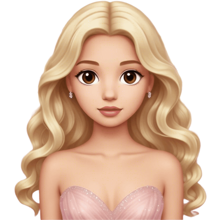 blonde model, brown eyes, long wavy hair, oscars red carpet, light pink sparkly tulle gown emoji