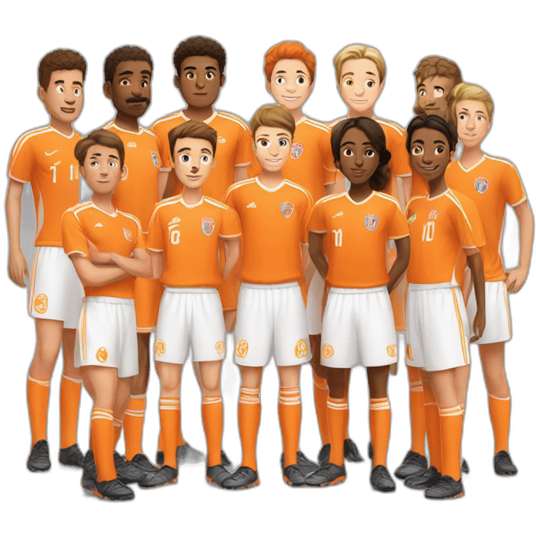 Soccer team of 11 players and a coach, wearing orange shirts, white shorts and white socks emoji