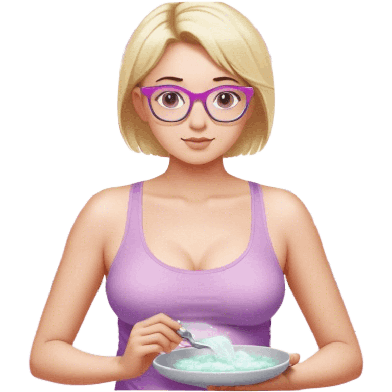 Thick fair skinned woman, short blond hair, small light purple reading glasses, washing dishes, sheer pink tank top, showing natural breast shape SFW, black yoga pants, thick booty emoji