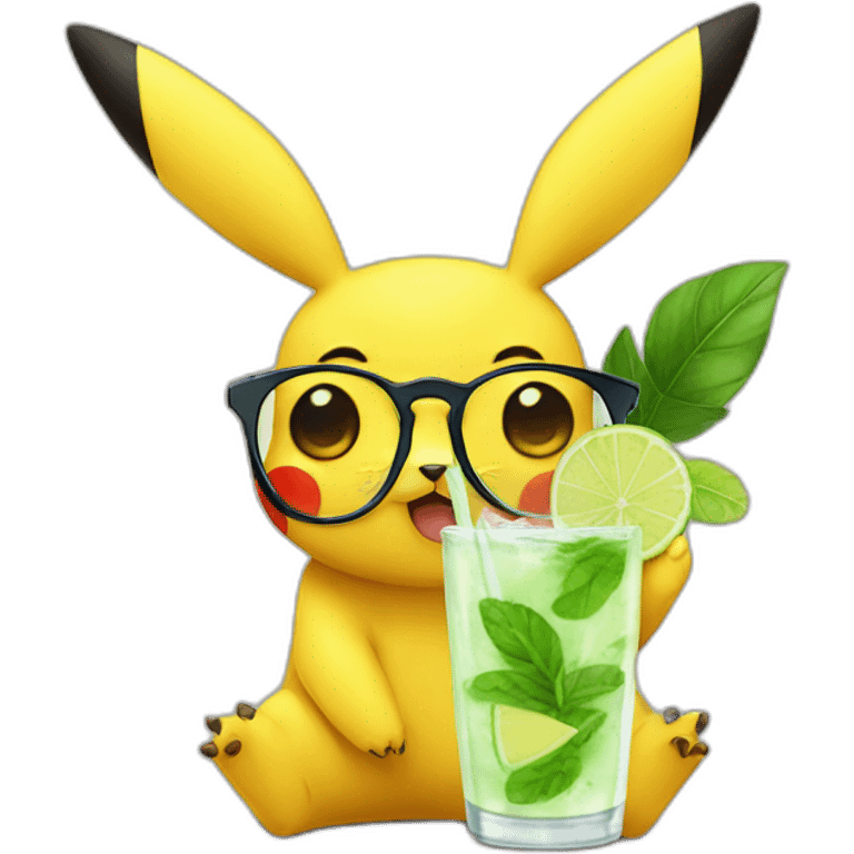 sick pikachu with glasses drinking mojito emoji