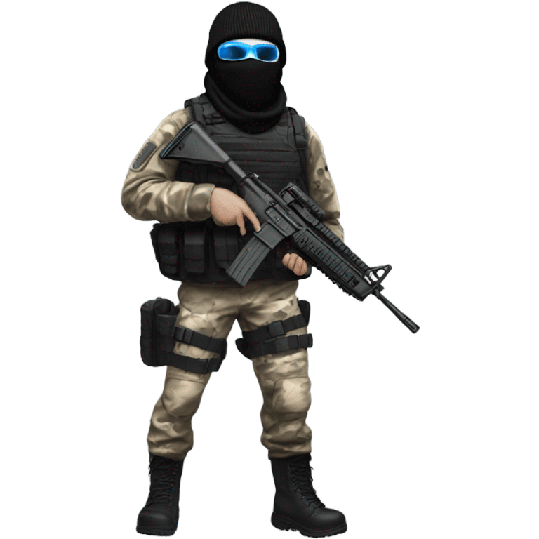 male, pale skin, call of duty black face mask, camo tactical gear, combat boots, black beanie, blue eyes emoji