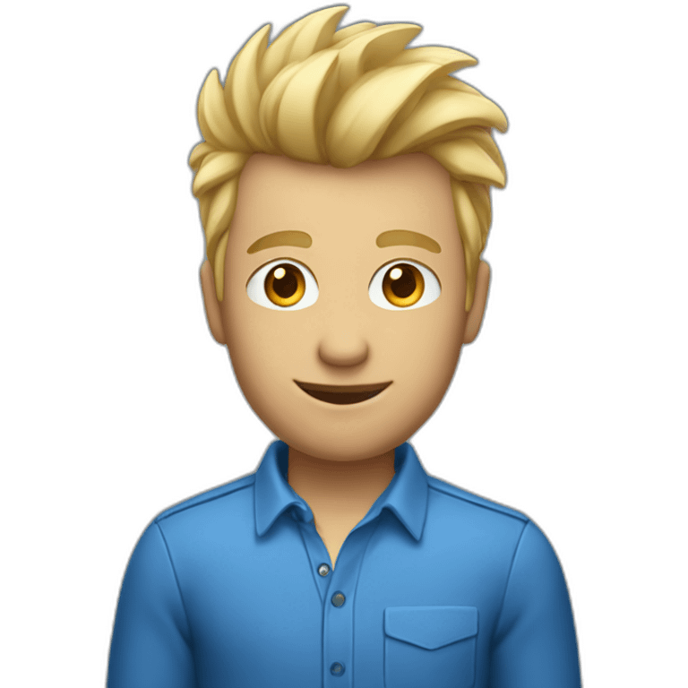 Man wearing blue Apple shirt with blonde faux hawk hair working in QA emoji