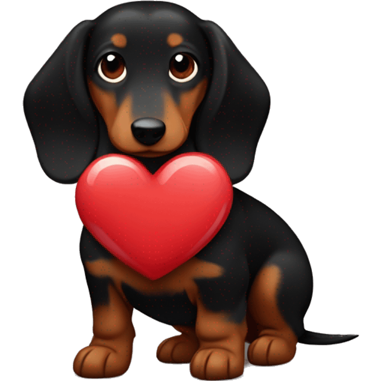 black and brown long haired daschund hugging a heart emoji