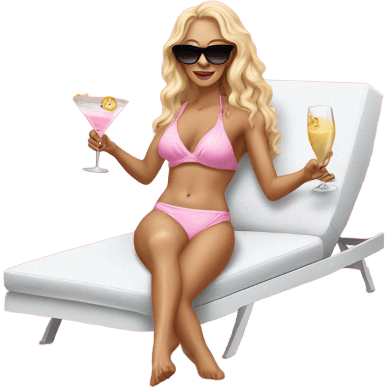 White woman, long hair, blonde hair, wavy hair, baby pink bikini, sunglasses, laying in a white chaise lounge, holding a martini emoji