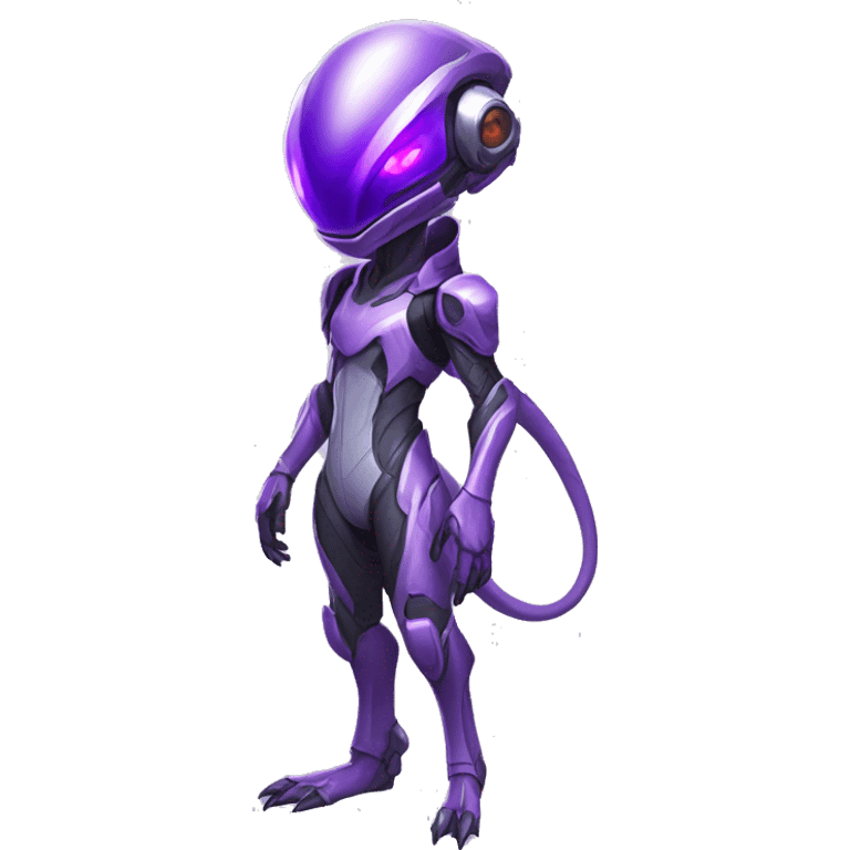 A purple Reptile-Raptor-Alien-Genesect-Mewtwo-Fakémon, with a futuristic visor-helmet, wearing a techwear-suit, Full Body emoji