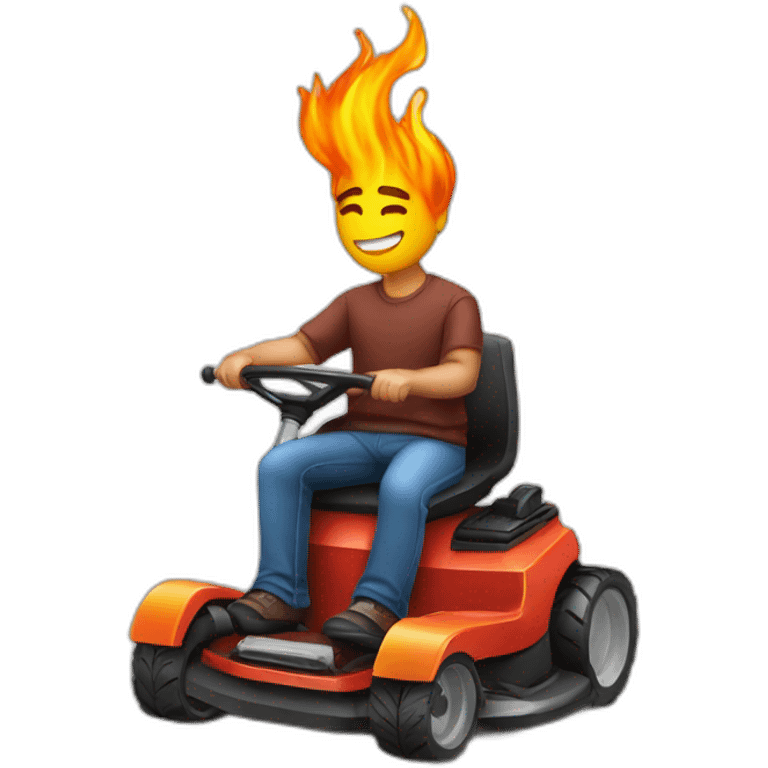 Man on lawnmower with flames emoji