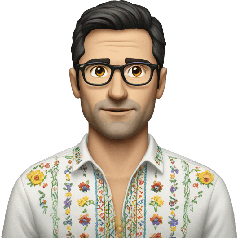 European dark-haired man in a Ukrainian embroidered shirt, glasses emoji