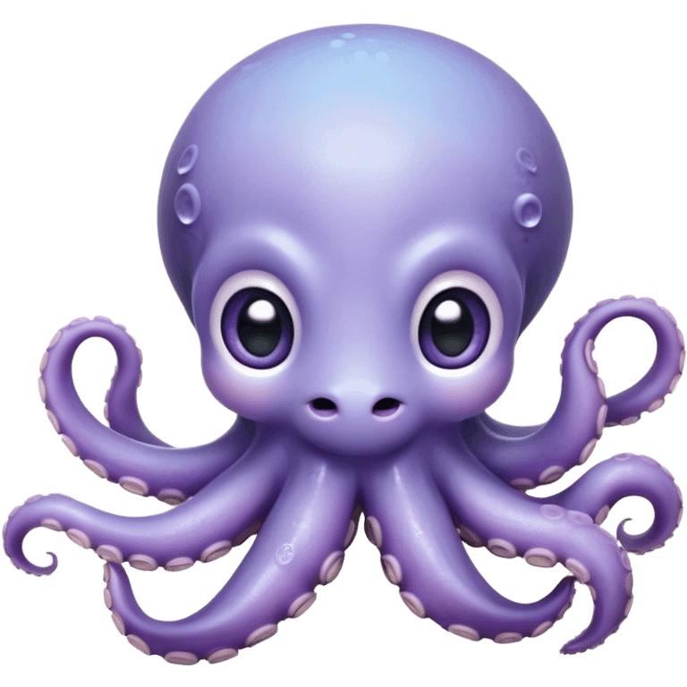 Cinematic Cute Shy Baby Octopus Portrait Emoji, Tentacles tucked slightly inward in an adorably bashful pose, featuring a softly glowing, round light blue-purple body with enormous, soulful eyes peering out timidly, Simplified yet irresistibly adorable features, highly detailed, glowing with a delicate, soothing marine radiance, high shine, quiet yet expressive, stylized with an air of gentle mystery, soft glowing outline, capturing the essence of a tiny, shy deep-sea creature that seems as if it could slowly peek out and explore the world with cautious curiosity! emoji