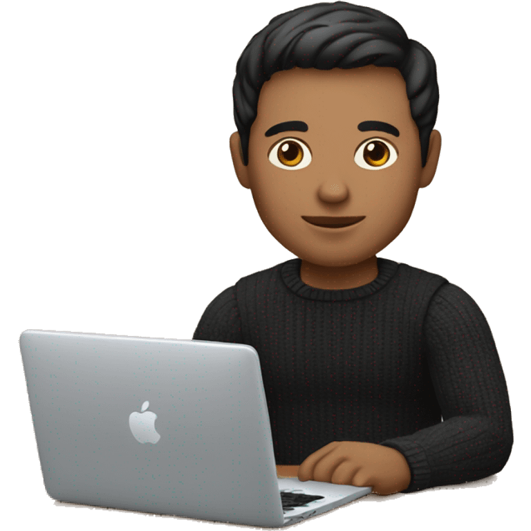 memoji of a man with a laptop in front, apple-style,modern,fair skin,black hair,black sweater,computer in hand,sitting on his desk emoji