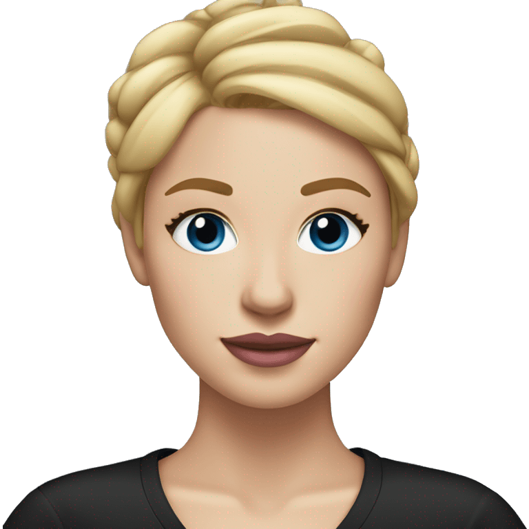 a woman with freckles, blue eyes, light skin, blonde hair with a bun, pink lips. black clothes. emoji