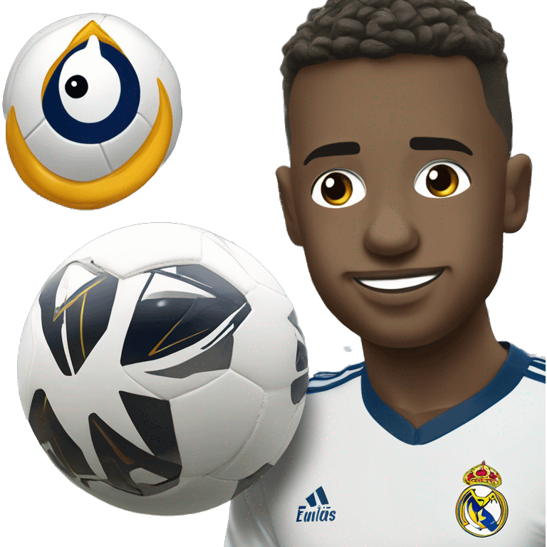 Create a crying Vinicius emoji in Real Madrid gear next to the Santiago Bernabéu stadium emoji