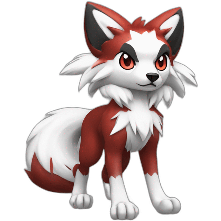 midnight lycanroc pokemon, bipedal, fullbody, standing on hind paws, black white and red fur emoji