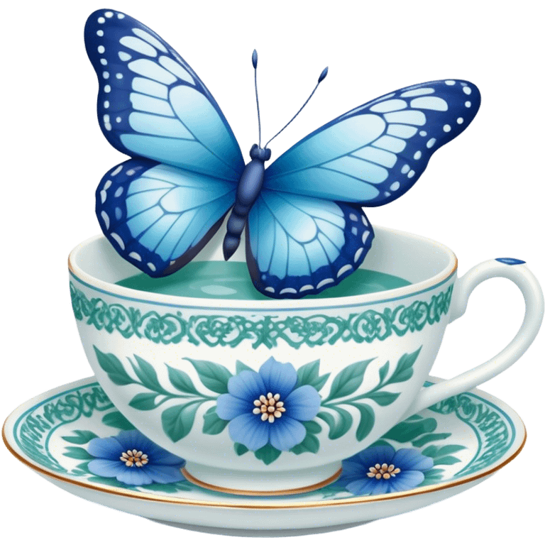 A delicate butterfly with pastel blue wings, resting on the edge of a green  porcelain teacup adorned with intricate blue floral patterns. emoji