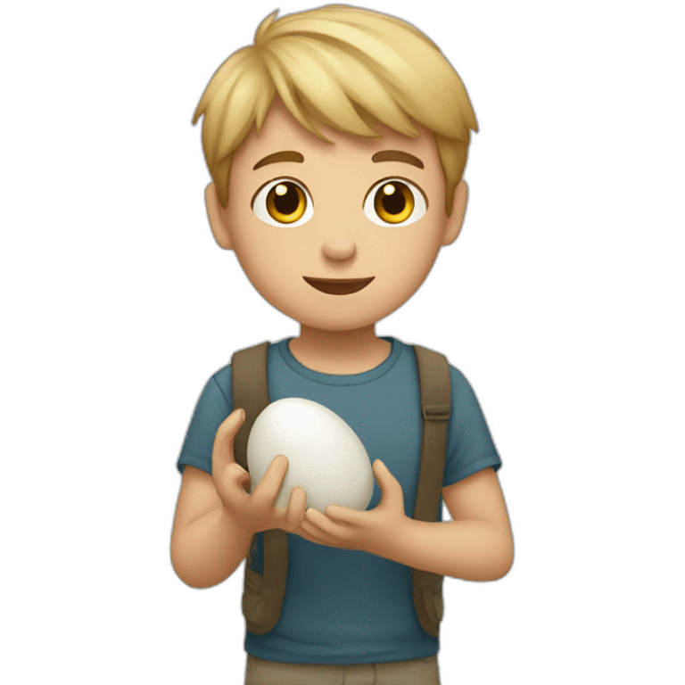 A small white boy holding a rock and an egg emoji