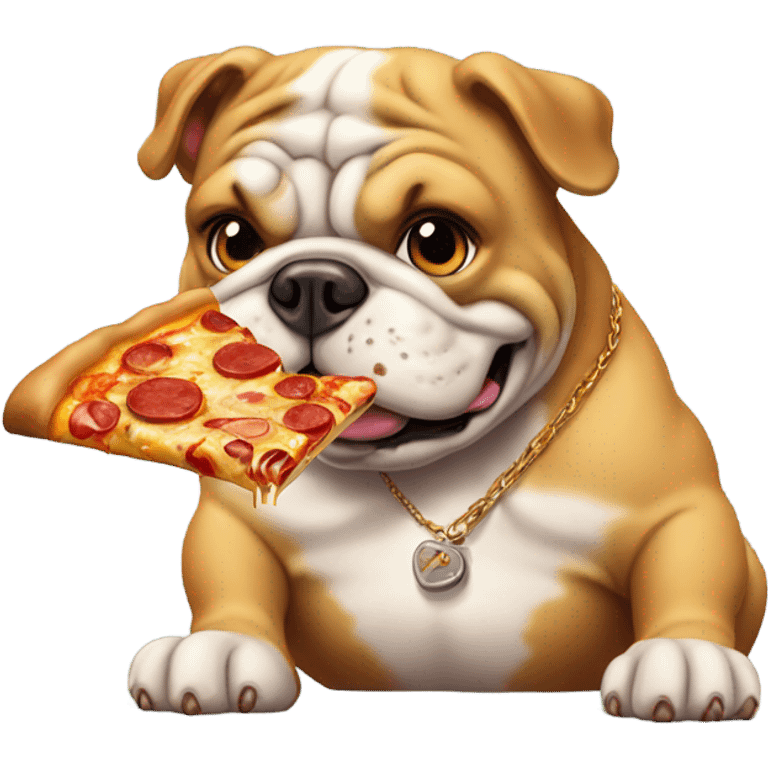 A bull dog eating pizza and wearing a golden chain emoji