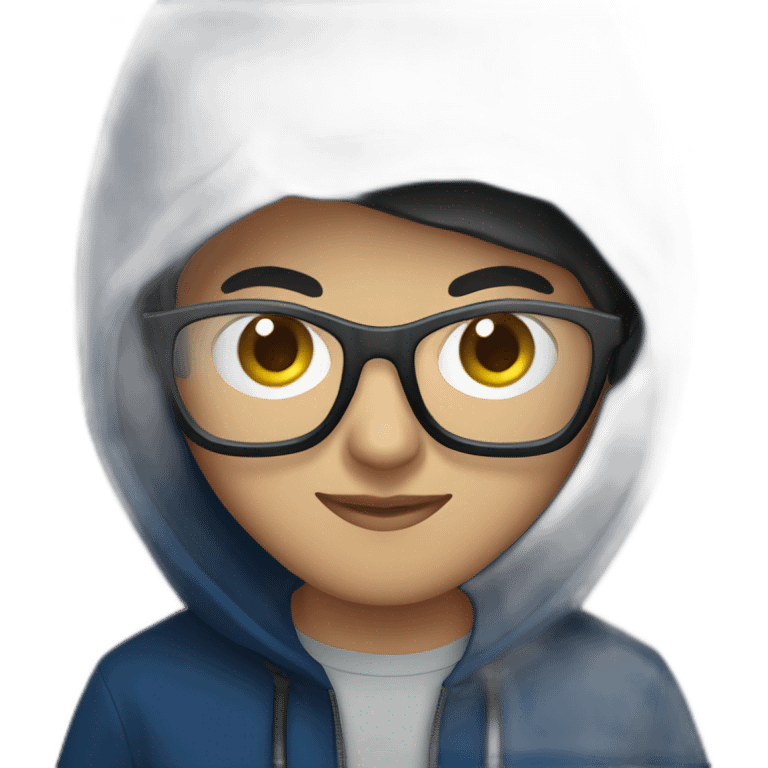 young Adult with glasses with a dark blue hood behind his computer and focus on his code  emoji