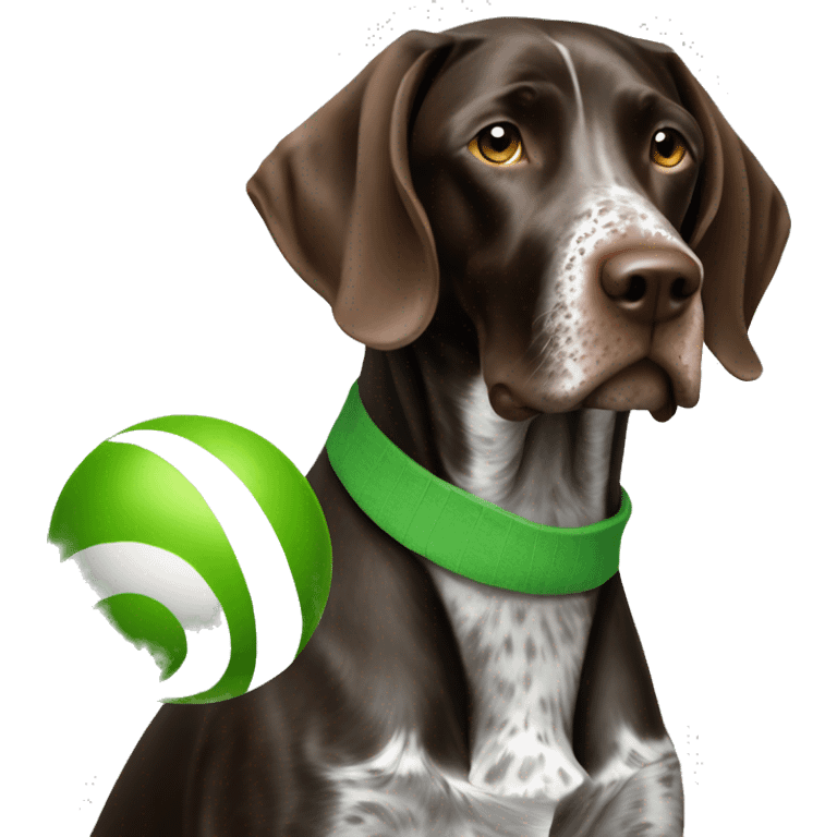 german shorthaired pointer with green ball in month  emoji