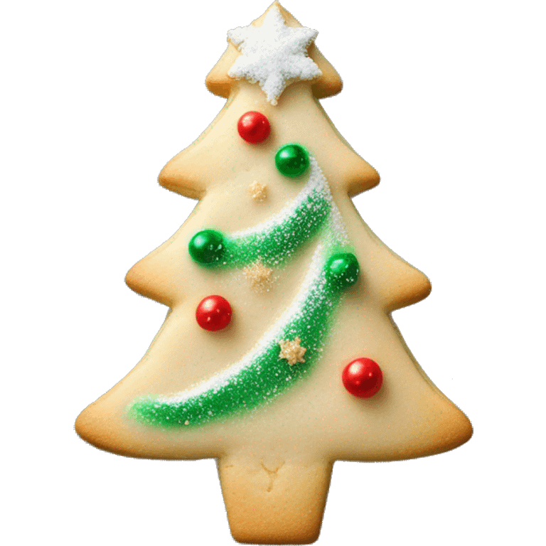 1 Layered sugar cookie shaped like a Christmas tree, dusted with powdered sugar and decorated with tiny ornaments emoji