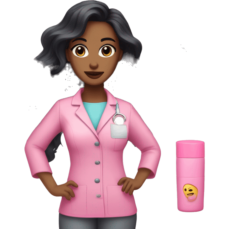 Pretty esthetician with long black wavy hair and pink scrubs pretty eyes and pink lipstick emoji