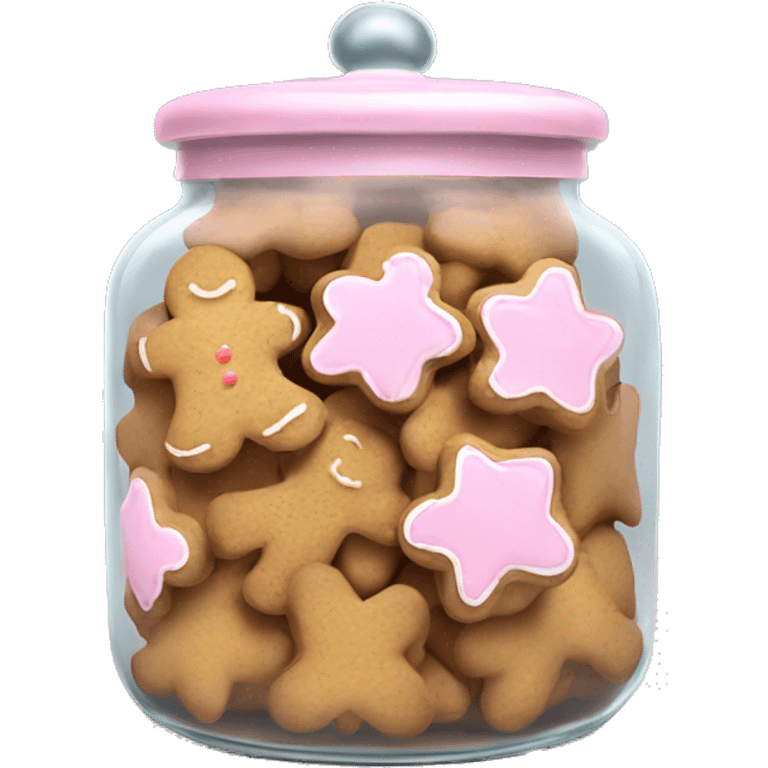 Realistic glass cookie jar with light pink lid full of gingerbread cookies isolated.  emoji