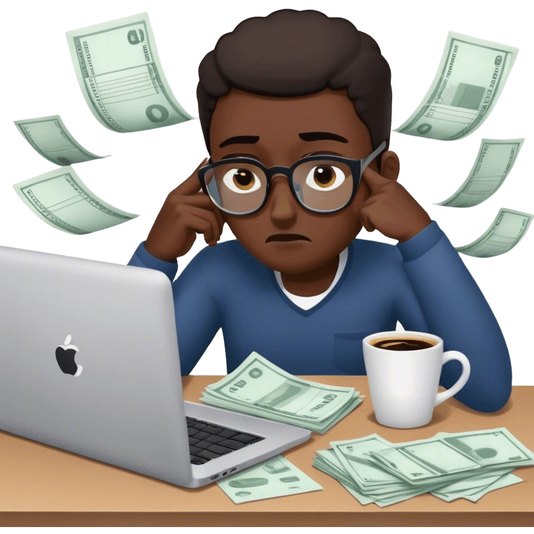 Create an emoji of a tired entrepreneur sitting at a laptop, surrounded by floating invoices and bills. The character looks exhausted, with dark circles under their eyes and a coffee cup in hand, symbolizing constant financial stress." emoji