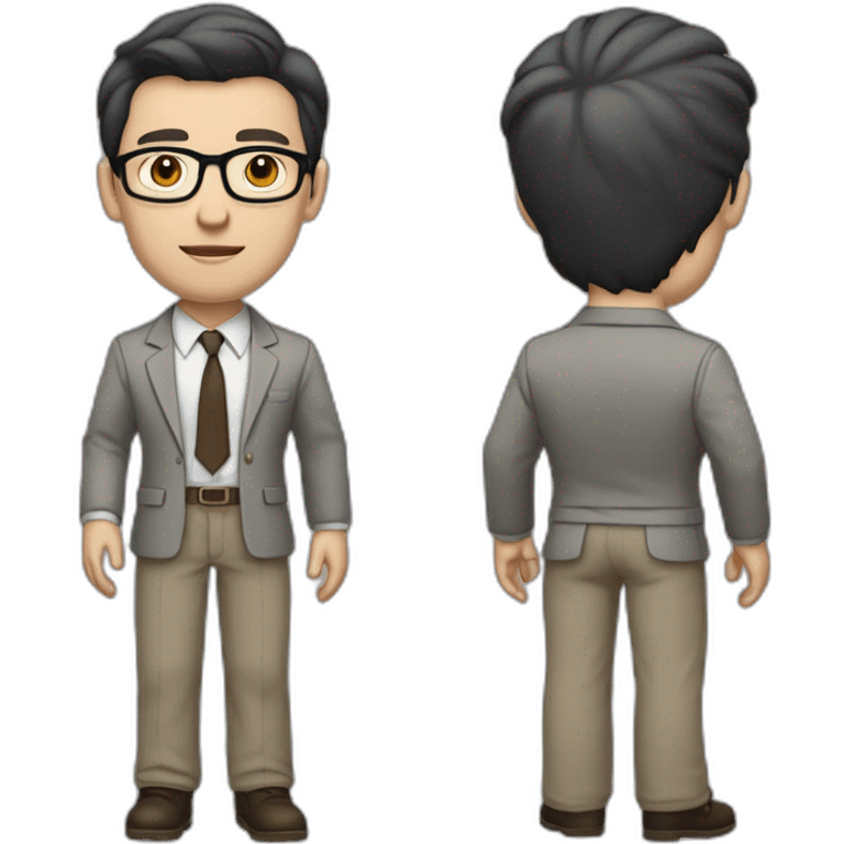 Full height Pale skinned fit man with dark brown hair in gray jacket, beige office shirt, brown tie, brown pants and vintage glasses. His right hand stretched out emoji