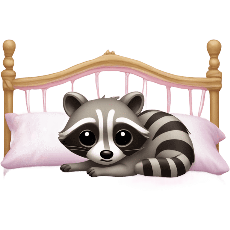 princess style bed with sleeping cute racoon wearing pink bow on head in it emoji