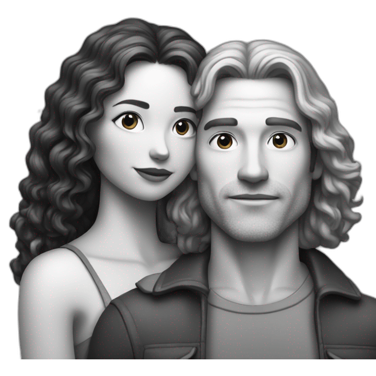 man and woman standing in an embrace White skin woman has long hair The man has shoulder-length curly hair emoji