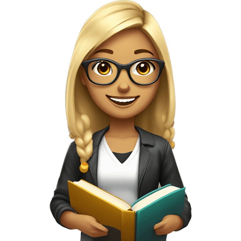 chica profesora joven rubia pelo largo liso con la raya al medio, sonriendo con libros en una mano, con gafas pequeñas color marrón redondas, vestida con camiseta color negro y con pendientes de aros grandes color dorado  emoji