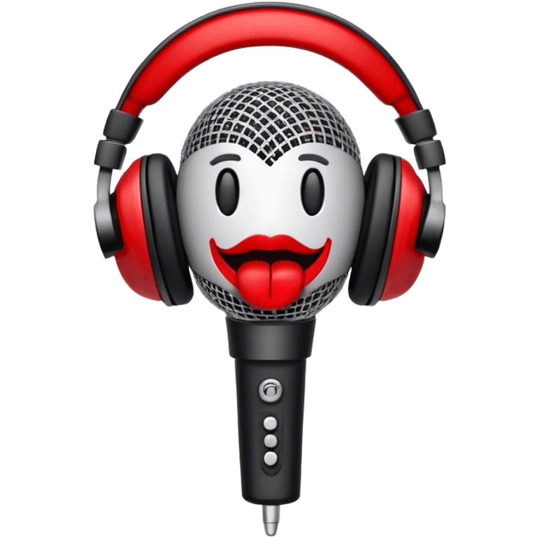 Create a dynamic and energetic emoji that represents beatboxing. The design should feature a stylized microphone with lips and sound waves emanating from it, symbolizing vocal percussion and rhythm. Add elements like headphones or a subtle speaker to emphasize the music production aspect. Use bold colors like black, white, and red to convey the intensity and creativity of beatboxing. The background should be transparent. emoji