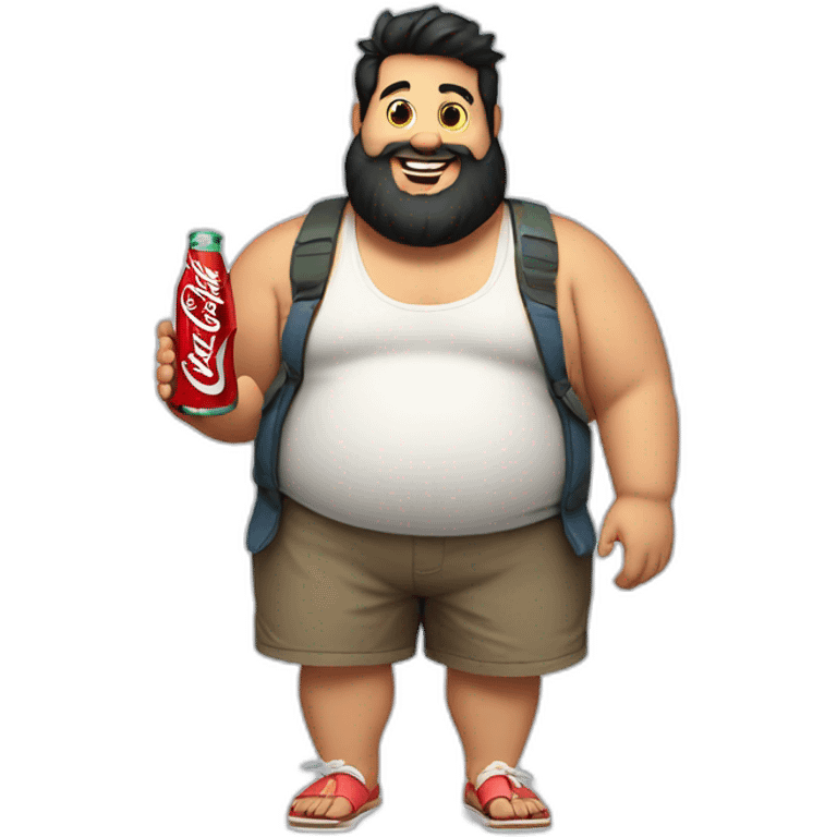 fat man in shorts and flip flops, black hair and beard holding a bottle of Coca-Cola emoji