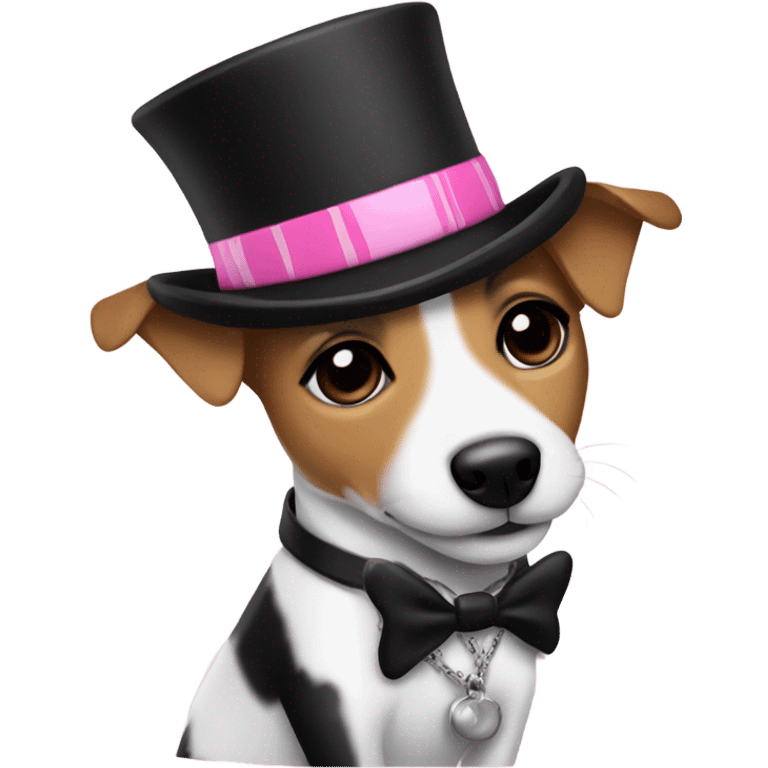 Jack Russell with black fur wearing a top hat, pink zebra coat, and gold chain emoji