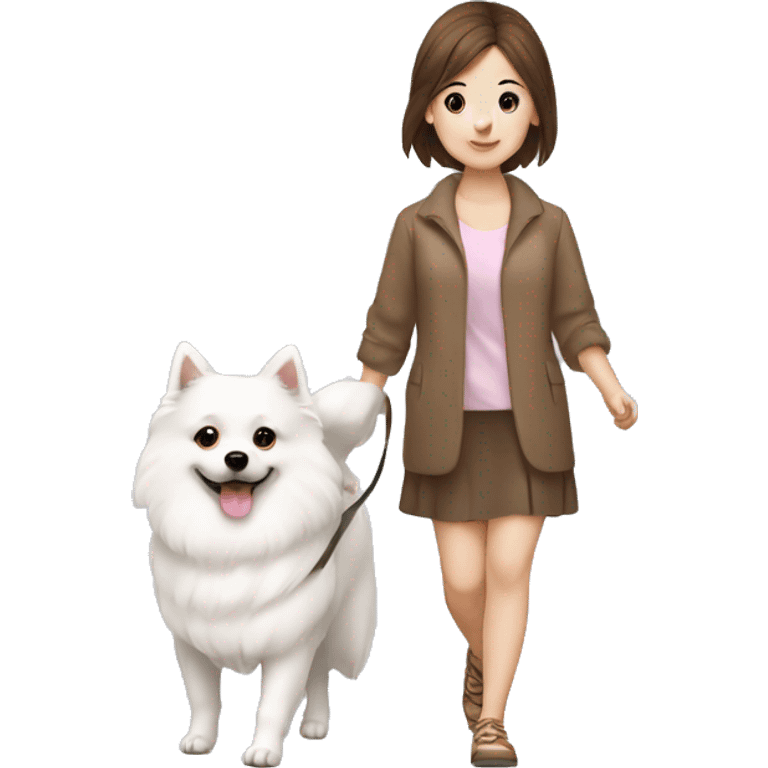 Japanese spitz dog walk brown hair girl with dress emoji