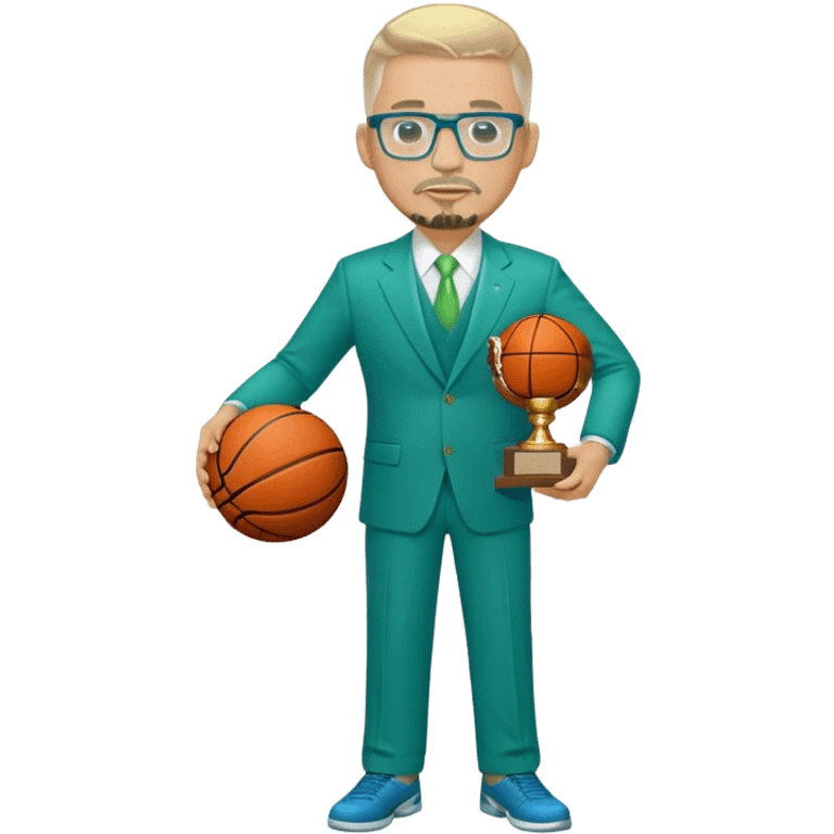 Full Body white  heavy set male  wearing glasses with a goatee with light blonde gray very short hair basketball head Coach in blue and green suit holding trophy emoji