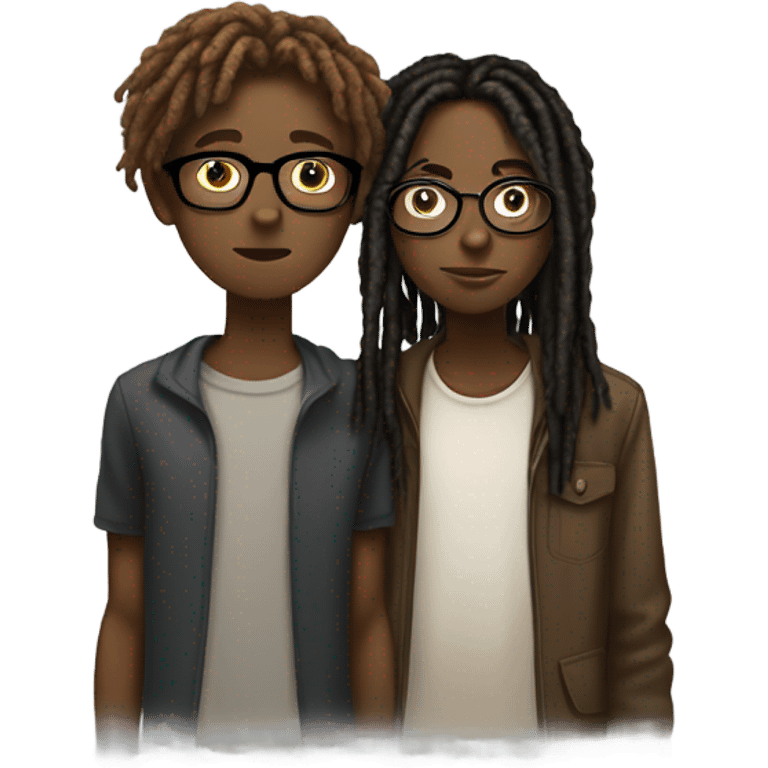 Black teenager with dreads kissing a taller white teenager with glasses , short brown hair , and a few freckles . emoji