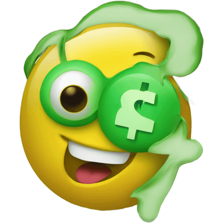 a yellow face with dollar signs for eyes and a green tongue sticking out with a dollar sign on it. emoji