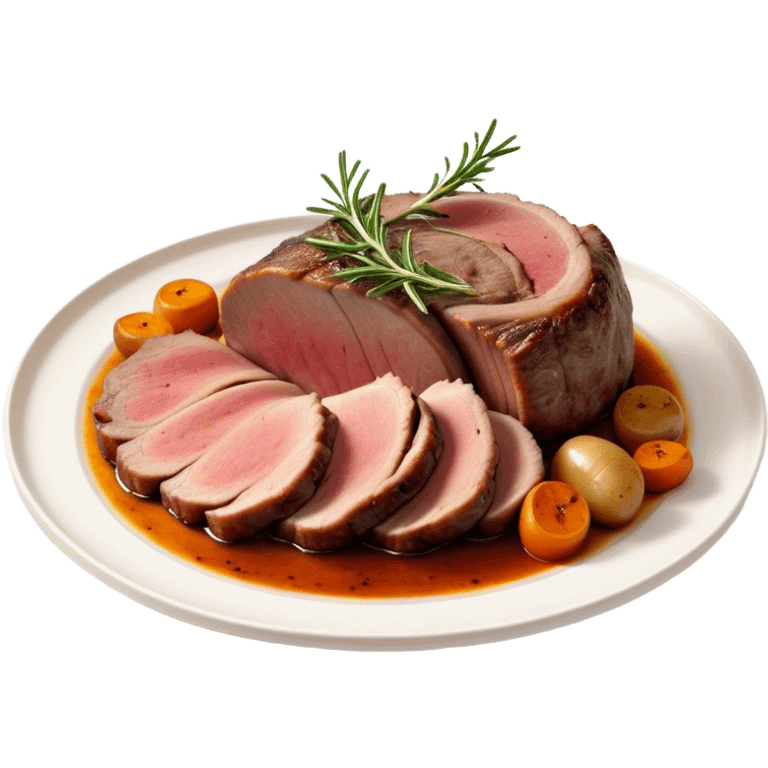 Roast Lamb Cinematic Realistic Roast Lamb Dish Emoji, depicted as thinly sliced roast lamb arranged artfully on a plate, rendered with rich textures and warm, inviting lighting. emoji