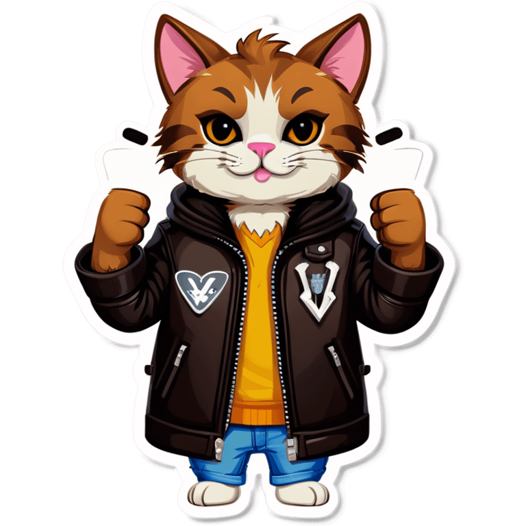 Cool brown cat in leather jacket shows v sign   emoji