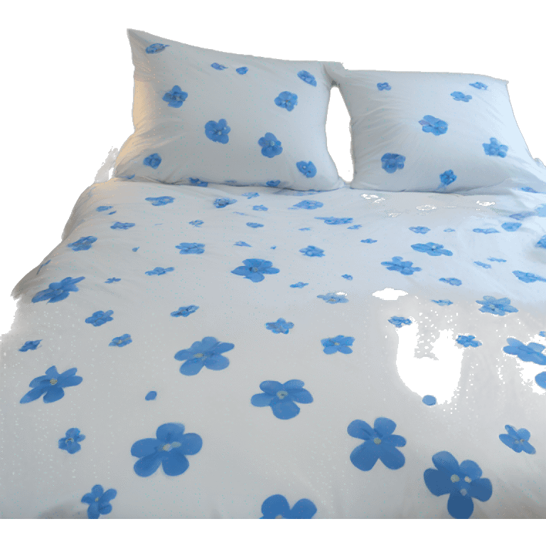 Cosy white bed with blue smal flower oversized bed sheets emoji