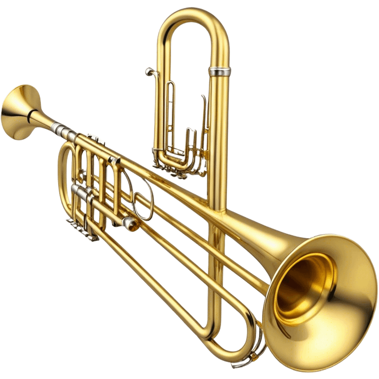 Create a sleek and professional emoji representing the Brahner TB-420 Bb/F tenor trombone. The design should feature the smooth, shiny brass body of the trombone with its distinct curved tubing and large bell. Highlight the tuning slide and the mouthpiece at the top of the instrument. The brass finish should be polished and reflective, with silver accents on the mouthpiece and tuning slide. Add subtle musical notes or soundwaves floating around the trombone to evoke its bold, brassy sound. Use golden and brass tones for the trombone with light reflections to emphasize its high-quality craftsmanship. The background should be transparent. emoji