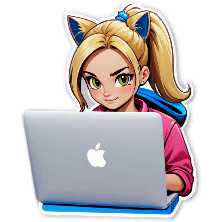 Blonde girl ponytail macBook and a cat emoji