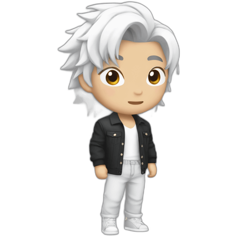 Chinese idol wearing white straps, gray pants and black shirt with white hair emoji