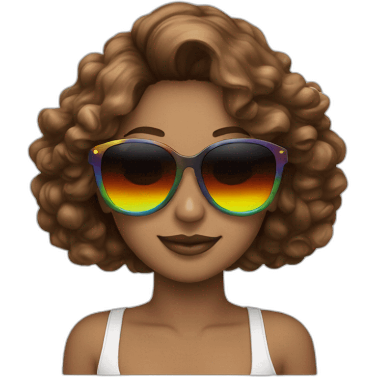 gay pride sunglasses on female head with wavy brown hair emoji