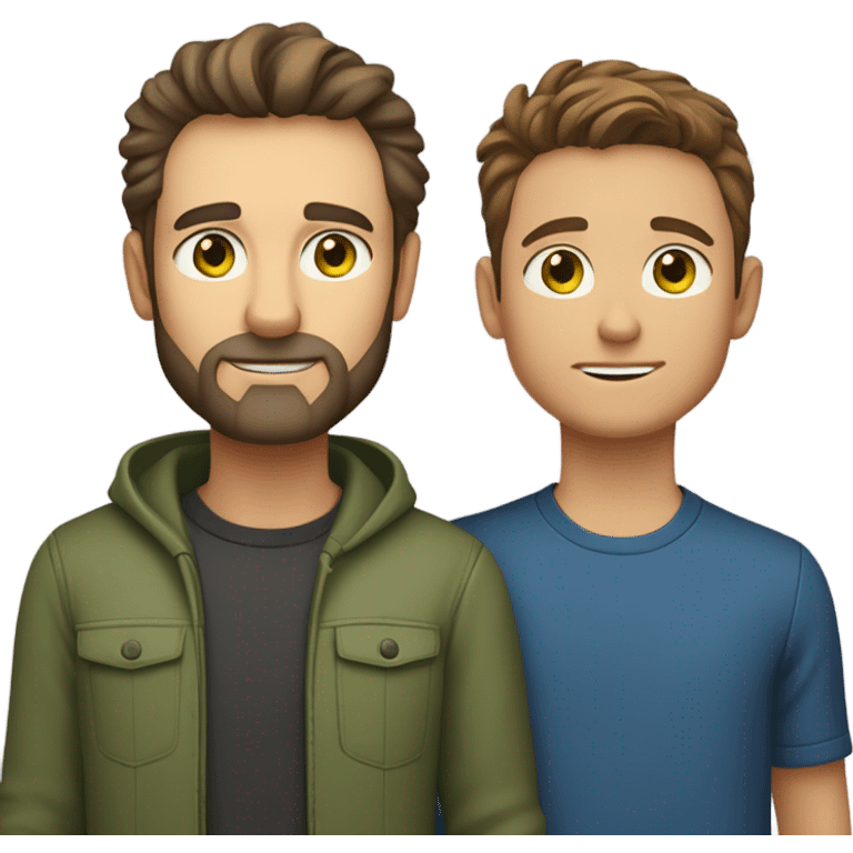 Handsome Father 40s green eyes with short full beard with Son 13s light brown eyes tousled bedhead look both has brunette hair light skin arms on shoulder portrait emoji