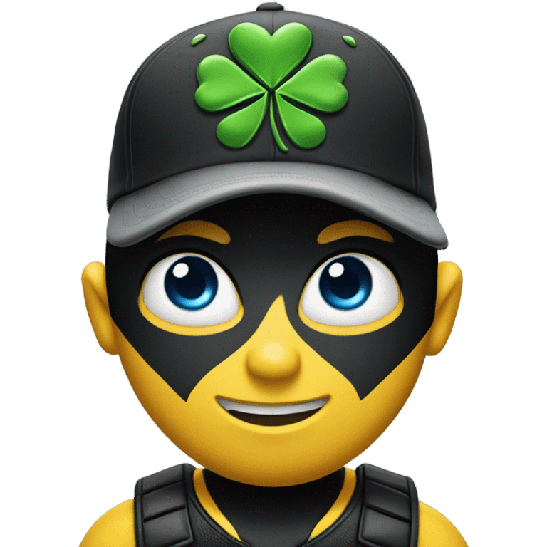 Human looking Bumblebee with blue human eyes , grey vandyke , black baseball cap with a four leaf clover on the front of the cap emoji